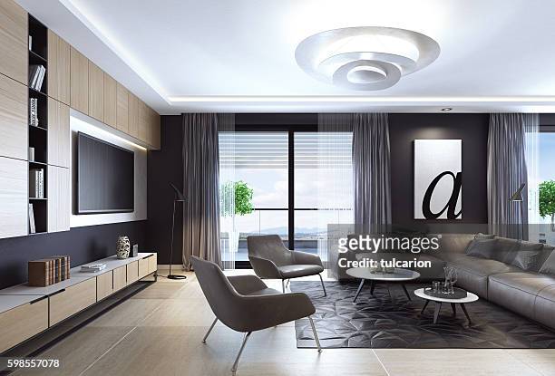 black luxury living room interior with leather sofa and tv - lounge pillow imagens e fotografias de stock
