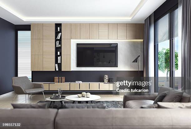 black luxury living room interior with leather sofa and tv - shabby chic stock pictures, royalty-free photos & images