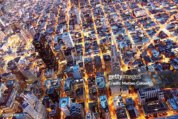 overhead aerial of  downtown at night, san francisco, usa - san francisco design center stock pictures, royalty-free photos & images