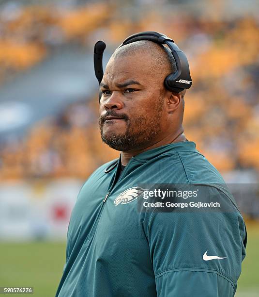 Running backs coach Duce Staley of the Philadelphia Eagles looks on from the sideline during a National Football League preseason game against the...