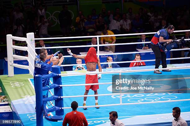 Summer Olympics: USA Shakur Stevenson upset with shirt covering face after losing Men's Bantam 56 kg Final vs Cuba Robeisy Ramirez at Riocentro...