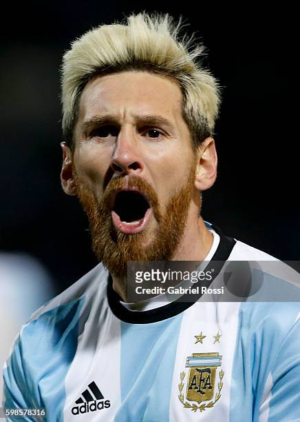 Lionel Messi celebrates after scoring the first goal during a match between Argentina and Uruguay as part of FIFA 2018 World Cup Qualifiers at...