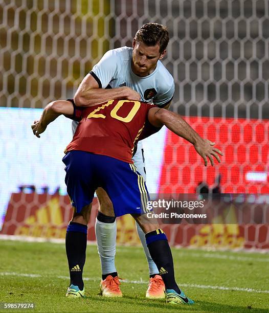 Jan Vertonghen defender of Belgium and Daniel Carvajal defender of Spain during a FIFA international friendly match between Belgium and Spain at the...