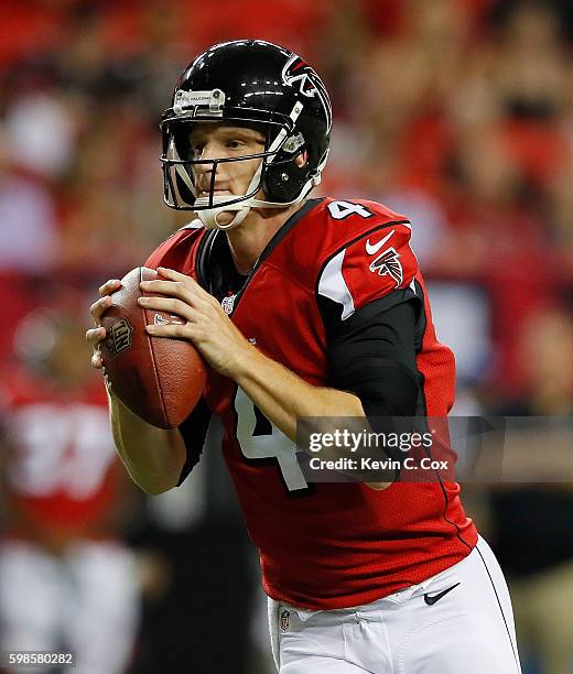 Matt Simms of the Atlanta Falcons looks to pass against the Jacksonville Jaguars at Georgia Dome on September 1, 2016 in Atlanta, Georgia.