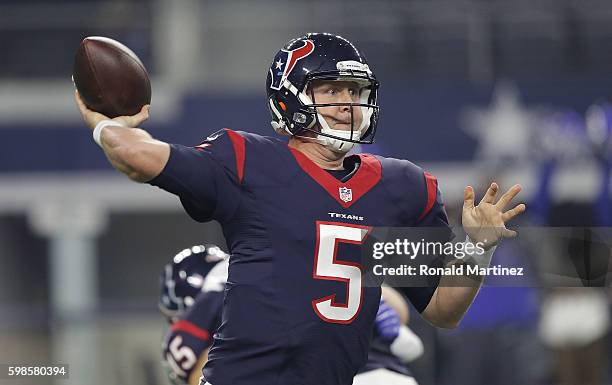 Brandon Weeden of the Houston Texans throws against the Dallas Cowboys during a preseason game at AT&T Stadium on September 1, 2016 in Arlington,...