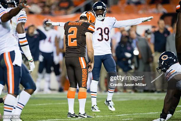 Kicker Patrick Murray of the Cleveland Browns and cornerback Jacoby Glenn of the Chicago Bears react after Murray missed a 31-yard field goal in the...
