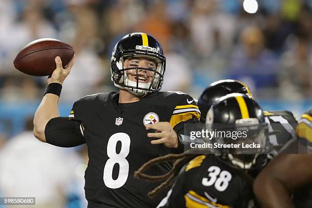 Bryn Renner of the Pittsburgh Steelers throws a pass against the Carolina Panthers in the 2nd quarter during their game at Bank of America Stadium on...