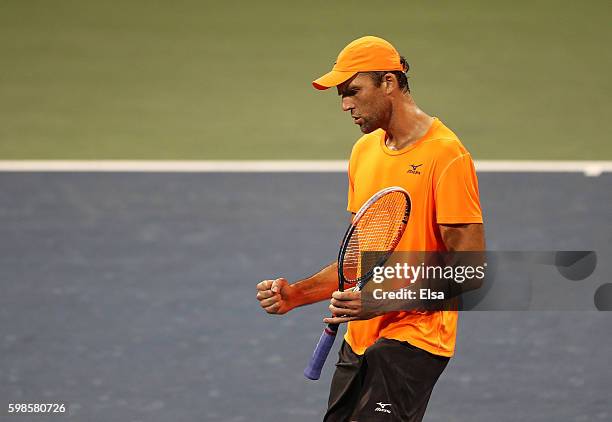 Ivo Karlovic of Croatia reacts against Donald Young of the United States during his second round Men's Singles match on Day Four of the 2016 US Open...