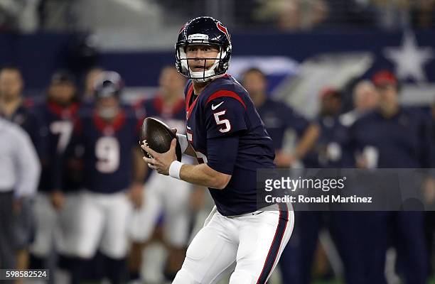 Brandon Weeden of the Houston Texans throws against the Dallas Cowboys during a preseason game at AT&T Stadium on September 1, 2016 in Arlington,...