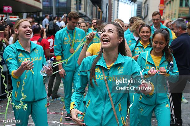 Australian Olympic athlete Danielle Prince celebrates at the Brisbane Welcome Home Celebration at Queen Street Mall on September 2, 2016 in Brisbane,...