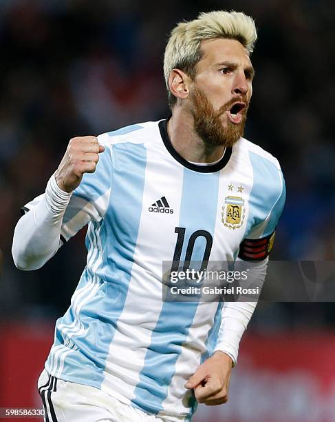 Lionel Messi celebrates after scoring the first goal during a match between Argentina and Uruguay as part of FIFA 2018 World Cup Qualifiers at...