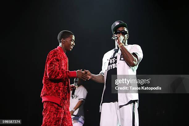 Puff Daddy performs on stage with son Christian Combs during the Live Nation presents Bad Boy Family Reunion Tour sponsored by Ciroc Vodka,...
