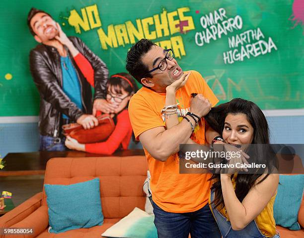 Omar Chaparro and Martha Higareda are seen on the set of 'Despierta America' to promote the film 'No Manches Frida' at Univision Studios on September...