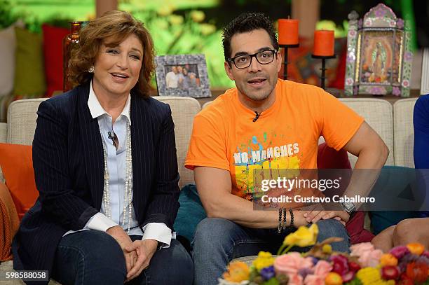 Angelica Maria and Omar Chaparro are seen on the set of 'Despierta America' to promote the film 'No Manches Frida' at Univision Studios on September...