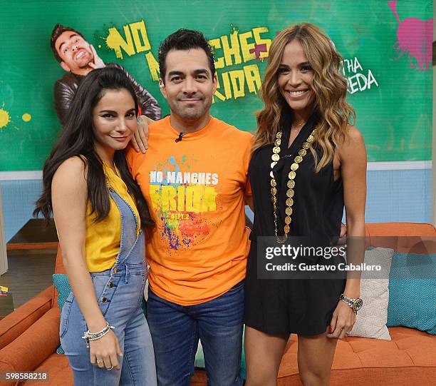 Martha Higareda, Omar Chaparro and Karla Martinez are seen on the set of 'Despierta America' to promote the film 'No Manches Frida' September 1, 2016...