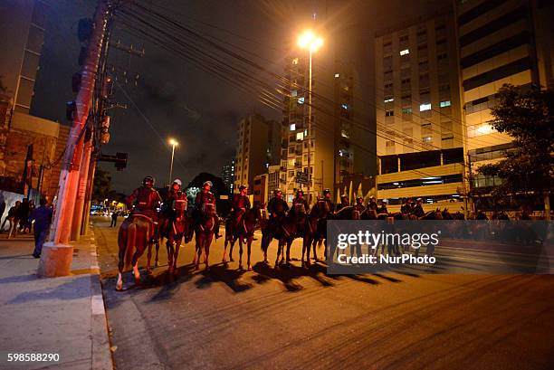 Military police riot control the protest against Brazil's President Michel Temer in Sao Paulo, Brazil, Thursday, Sept. 1, 2016. Temer was sworn in as...