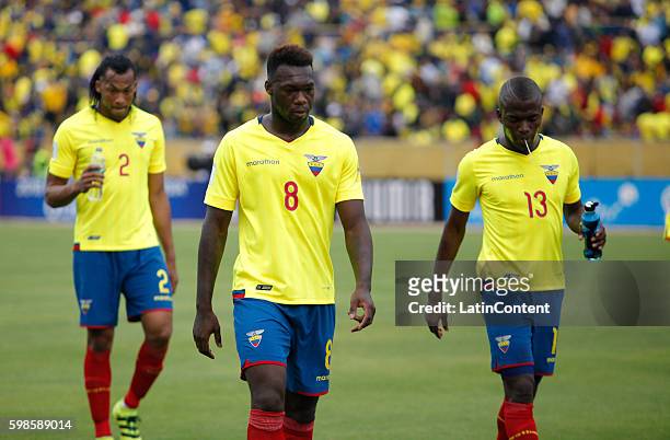 Felipe Caicedo of Ecuador and his teammates walk out of the field at half-time during a match between Ecuador and Brazil as part of FIFA 2018 World...