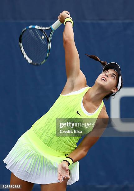 Ana Konjuh of Croatia serves to Kurumi Nara of Japan during her second round Women's Singles match on Day Four of the 2016 US Open at the USTA Billie...