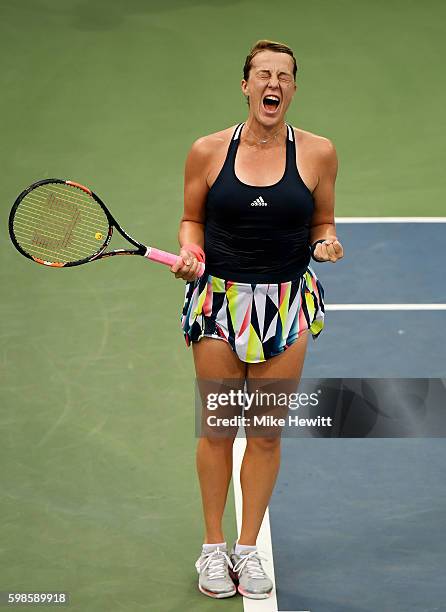 Anastasia Pavlyuchenkova of Russia celebrates her win over Kristina Mladenovic of France during her second round Women's Singles match on Day Four of...