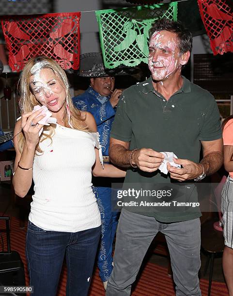 Maritza Rodriguez and Carlos Ponce are seen at Telemundo Studios during a surprise birthday party on September 1, 2016 in Miami, Florida.