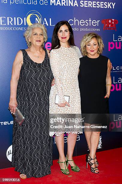 Terele Pavez, Marina Seresesky and Carmen Machi attend 'La Puerta Abierta' premiere at Palacio de la Prensa Cinema on September 1, 2016 in Madrid,...