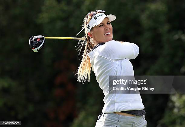 Jennifer Kirby of Canada takes her tee shot on the 18th hole during the first round of the Manulife LPGA Classic at Whistle Bear Golf Club on...