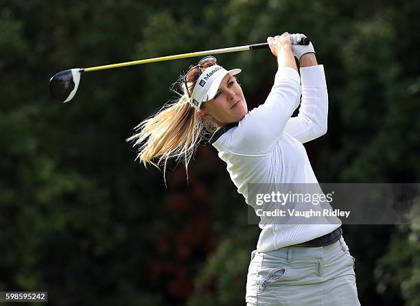 Jennifer Kirby of Canada takes her tee shot on the 18th hole during the first round of the Manulife LPGA Classic at Whistle Bear Golf Club on...