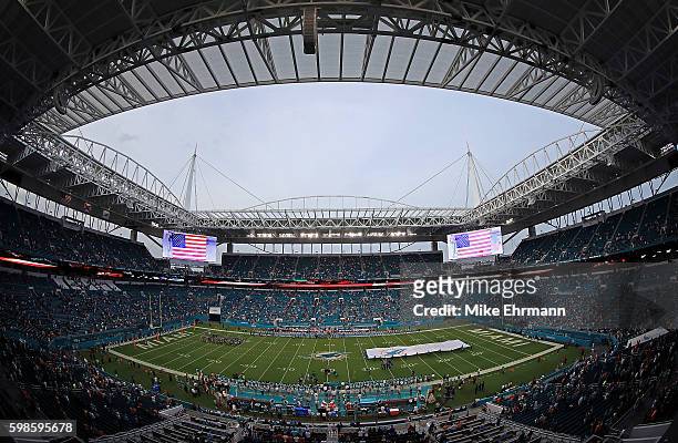 General view of Hard Rock Stadium during a preseason game between the Miami Dolphins and the Tennessee Titans on September 1, 2016 in Miami Gardens,...