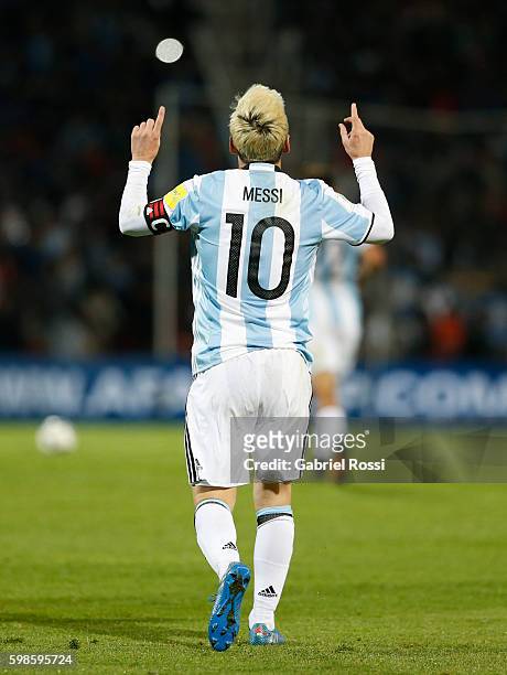 Lionel Messi of Argentina celebrates after scoring the first goal of his team during a match between Argentina and Uruguay as part of FIFA 2018 World...