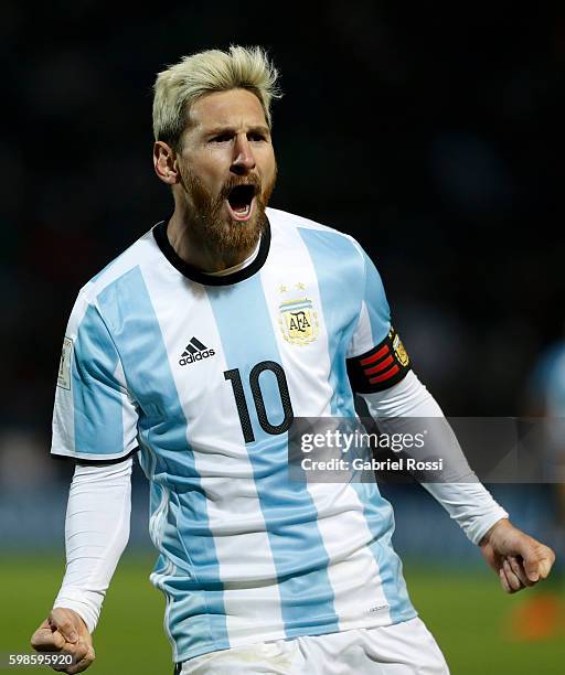 Lionel Messi of Argentina celebrates after scoring the first goal of his team during a match between Argentina and Uruguay as part of FIFA 2018 World...