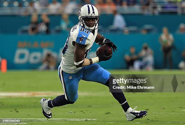 Harry Douglas of the Tennessee Titans runs after a catch during a preseason game against the Miami Dolphins at Hard Rock Stadium on September 1, 2016...