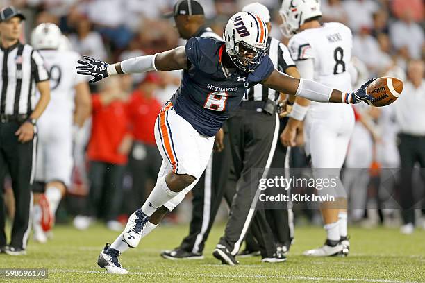 Anthony Brown of the Tennessee-Martin Skyhawks celebrates after recovering a fumble during the second quarter of the game against the Cincinnati...