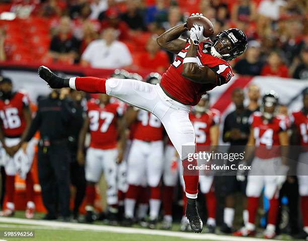 Robenson Therezie of the Atlanta Falcons intercepts a pass from the Jacksonville Jaguars at Georgia Dome on September 1, 2016 in Atlanta, Georgia.