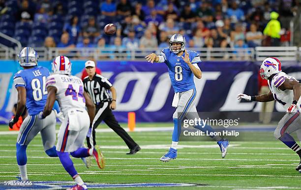 Dan Orlovsky of the Detroit Lions passes during the first quarter of the preseason game against the Buffalo Bills at Ford Field on September 1, 2016...