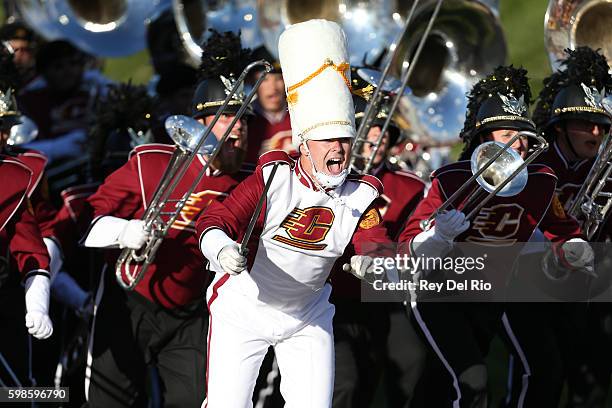 Central Michigan Chippewas marching band takes the field prior to the start of the game against the Presbyterian Blue Hose at Kelly/Shorts Stadium on...
