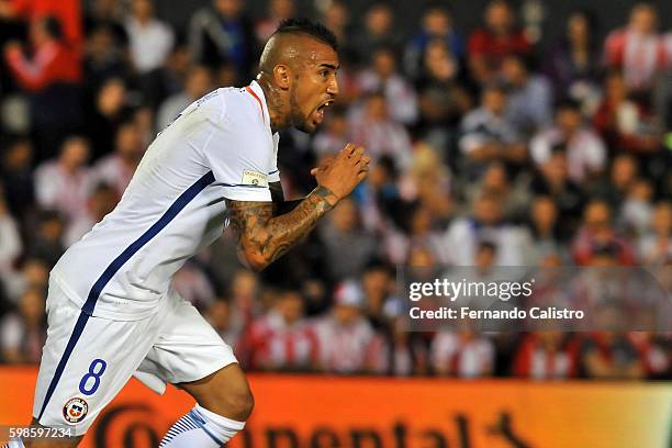 Arturo Vidal of Chile celebrates after scoring the first goal of his team during a match between Paraguay and Chile as part of FIFA 2018 World Cup...