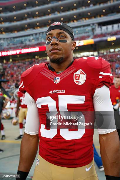 Eric Reid of the San Francisco 49ers stands on the field prior to the game against the Green Bay Packers at Levi Stadium on August 26, 2016 in Santa...