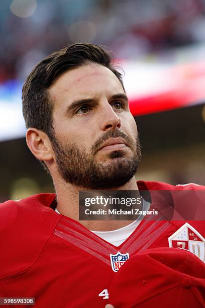 Christian Ponder of the San Francisco 49ers stands for the anthem prior to the game against the Green Bay Packers at Levi Stadium on August 26, 2016...