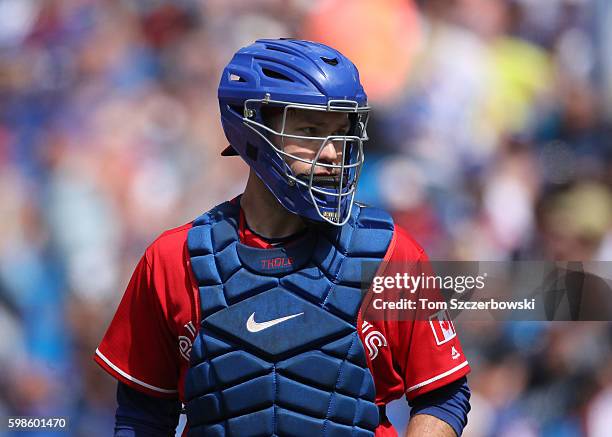 Josh Thole of the Toronto Blue Jays during MLB game action against the Minnesota Twins on August 28, 2016 at Rogers Centre in Toronto, Ontario,...