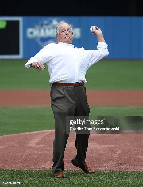 Former general manager of the Toronto Blue Jays and member of the National Baseball Hall of Fame Pat Gillick throws out the ceremonial first pitch...