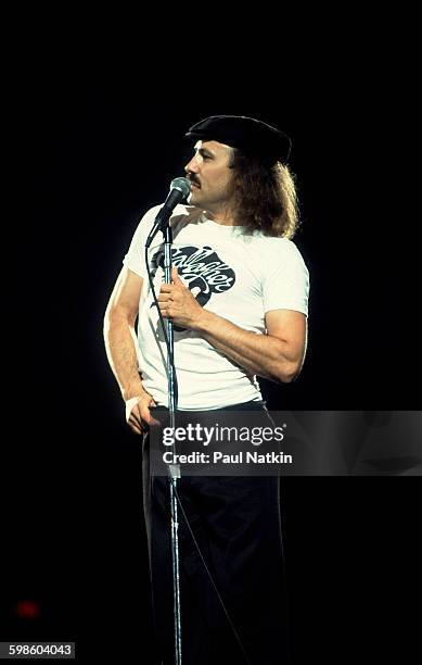 American comedian Gallagher performs at the Rosemont Horizon, Rosemont, Illinois, July 10, 1981.