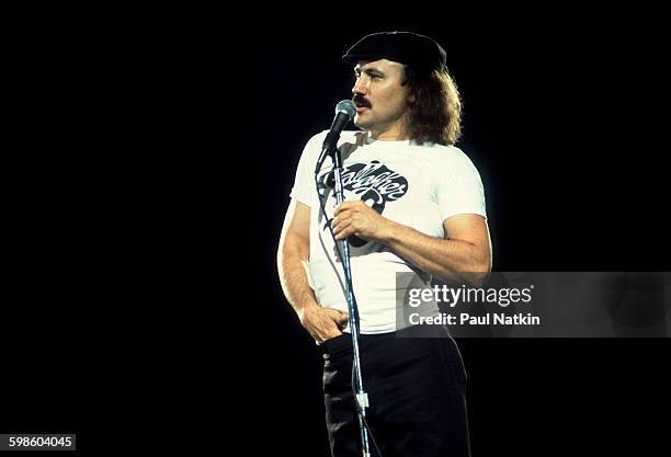 American comedian Gallagher performs at the Rosemont Horizon, Rosemont, Illinois, July 10, 1981.