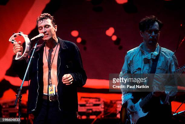 British alternative rock group Gang Of Four perform onstage at the Poplar Creek Music Theater, Hoffman Estates, Illinois, July 12, 1991. Pictured are...