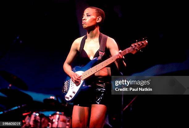 British alternative rock group Gang Of Four perform onstage at the Poplar Creek Music Theater, Hoffman Estates, Illinois, July 12, 1991. Pictured is...