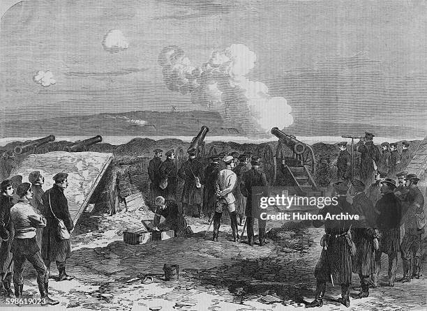 Prussian 24 pounder rifled artillery under the command of Kapitain Scheltzer bombards the Danish fortifications from aross Gaasberg Point at the...
