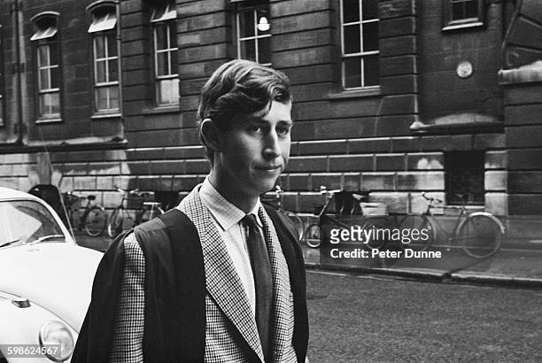 Prince Charles walking in Downing Street, Cambridge, UK, 12th October 1967. He is beginning his term at Trinity College.