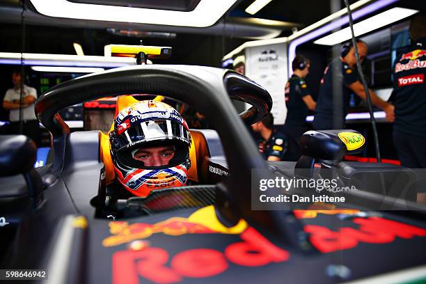 Max Verstappen of Netherlands and Red Bull Racing sits in his car fitted with the halo during practice for the Formula One Grand Prix of Italy at...