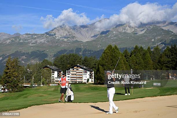 David Lipsky of the United States plays his second shot from a bunker on the 12th hole during the second round of the Omega European Masters at...