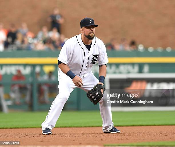 Casey McGehee of the Detroit Tigers fields during the game against the Los Angeles Angels of Anaheim at Comerica Park on August 27, 2016 in Detroit,...