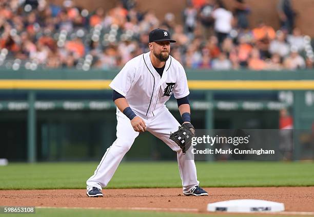 Casey McGehee of the Detroit Tigers fields during the game against the Los Angeles Angels of Anaheim at Comerica Park on August 27, 2016 in Detroit,...